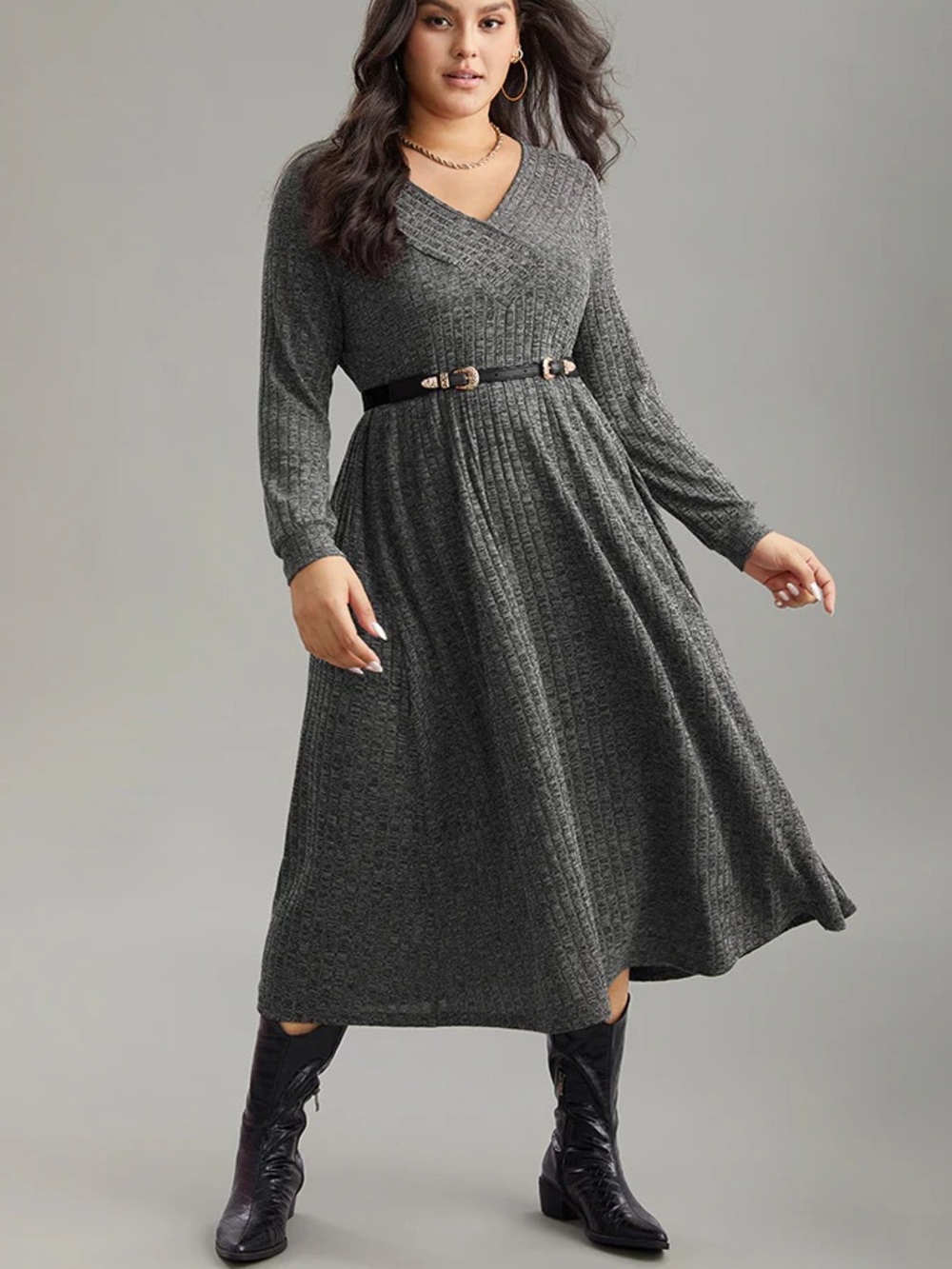 BloomChic Gray Ribbed V‑Neck Maxi Dress NWT